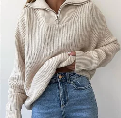 Women's Turtleneck Zippers Fashion Women Sweaters Solid Green Blue Pullover Long Sleeve Casual Knitted Sweater Woman