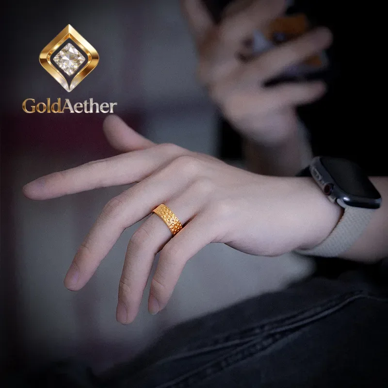 

GoldAether Luxury Hammer Pattern Ring for Couples 9999 24K Real Gold Personalized Wind Hammer Pattern Textured Plain Rings for M