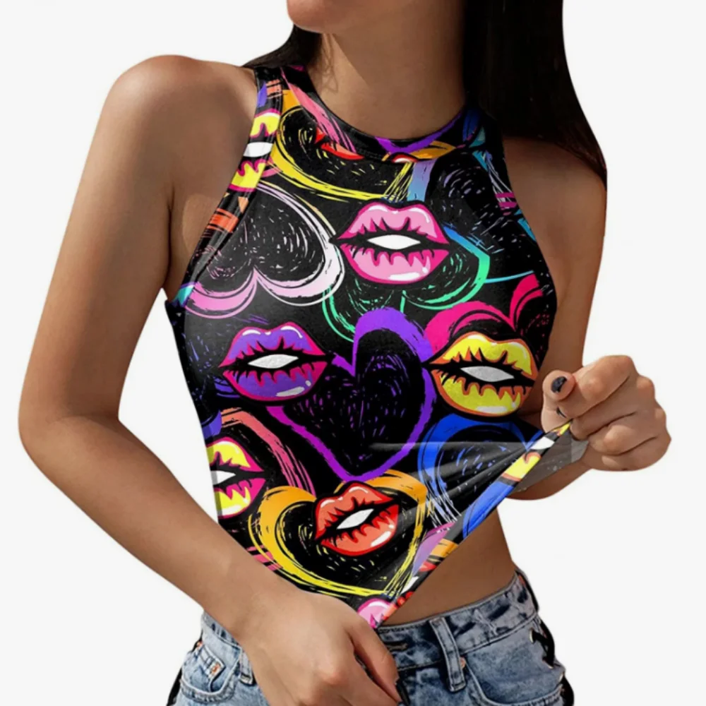 Modisches Herzmuster, sexy, bauchfreies, ärmelloses Damen-Top, Street-Harajuku-Stil, bequemer Rundhalsausschnitt, Damen-Sport-Tanktops – Detail 3