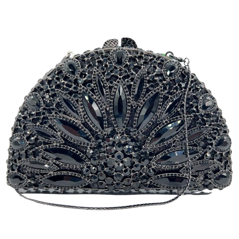 High Quality Luxury Premium Black Fan Floral, Diamond Wedding Party, Tote Bag, Evening Bag, Crystal Clutch - view 5