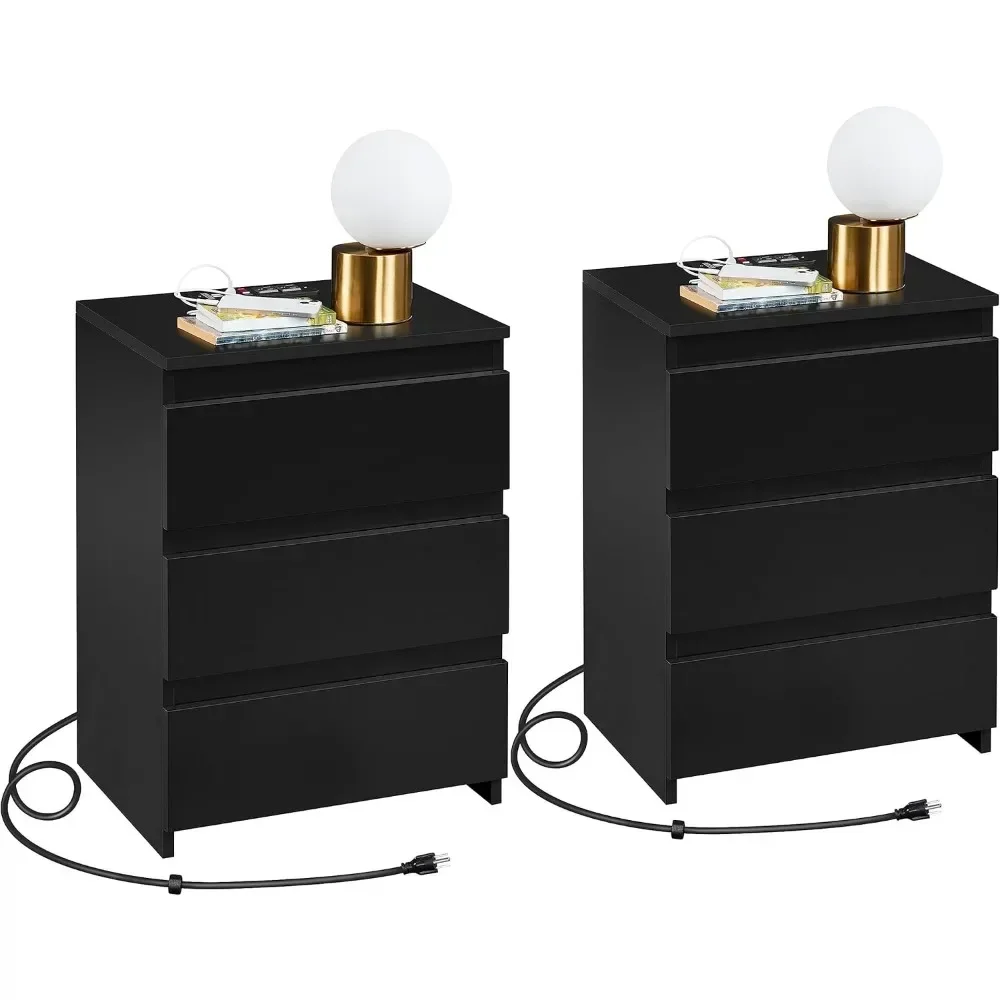 

Bedside Table Set of 2, Nightstand with Charging Station, 3-Drawer Bedside Cupboard Storage Cabinet with 2 USB Ports