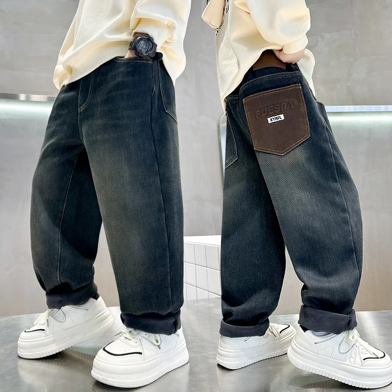 Legal inverno grande menino calças de brim térmicas alta rua isolado calças jeans crianças retro azul quente calças jeans baggy para crianças