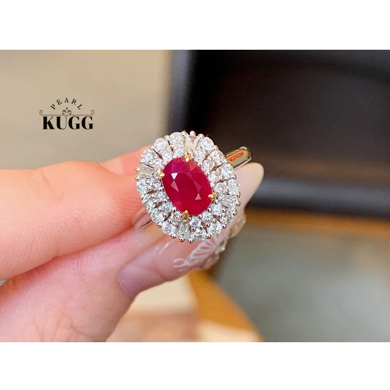 

KUGG 100% 18K White Gold Rings Luxury Elegant Style Shiny Diamond Natural Ruby Ring for Women High Gemstone Party Jewelry