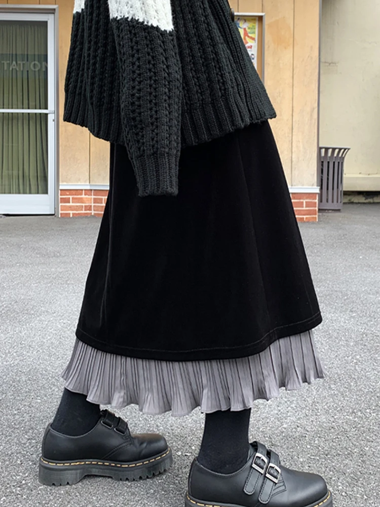 High Quality Black Skirt Women\'s Classical Cozy Office Lad Pleated A-Line Skirt Patchwork Gothic 2000s Aesthetic Autumn Winter