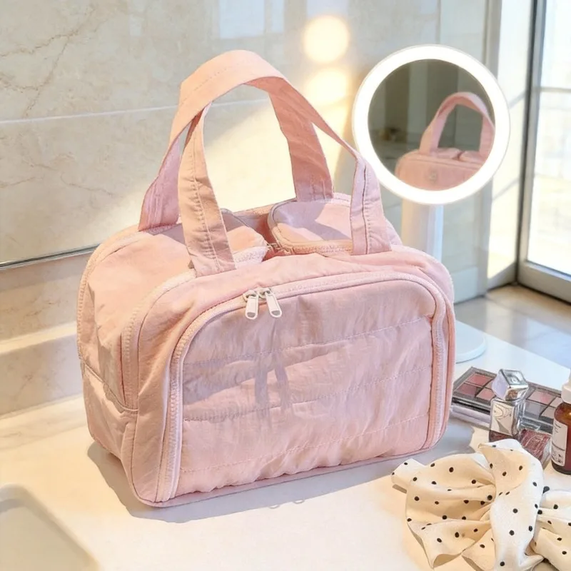 Quilted Makeup Bag, Large Capacity, Simple & Stylish, Compartmentalized, Double Opening Travel Cosmetic Toiletry Storage Bag