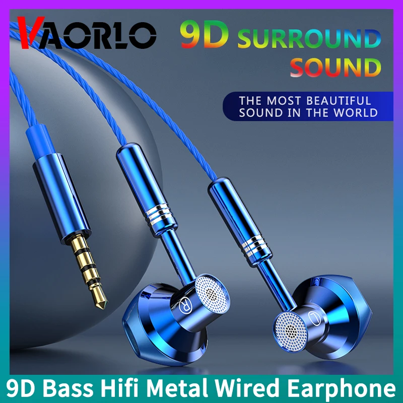 VAORLO 9D Surround Bass Hifi Metal Wired Earphone With Mic Waterproof Sweatproof Sport Gaming Music Headphone 3.5MM AUX Headset