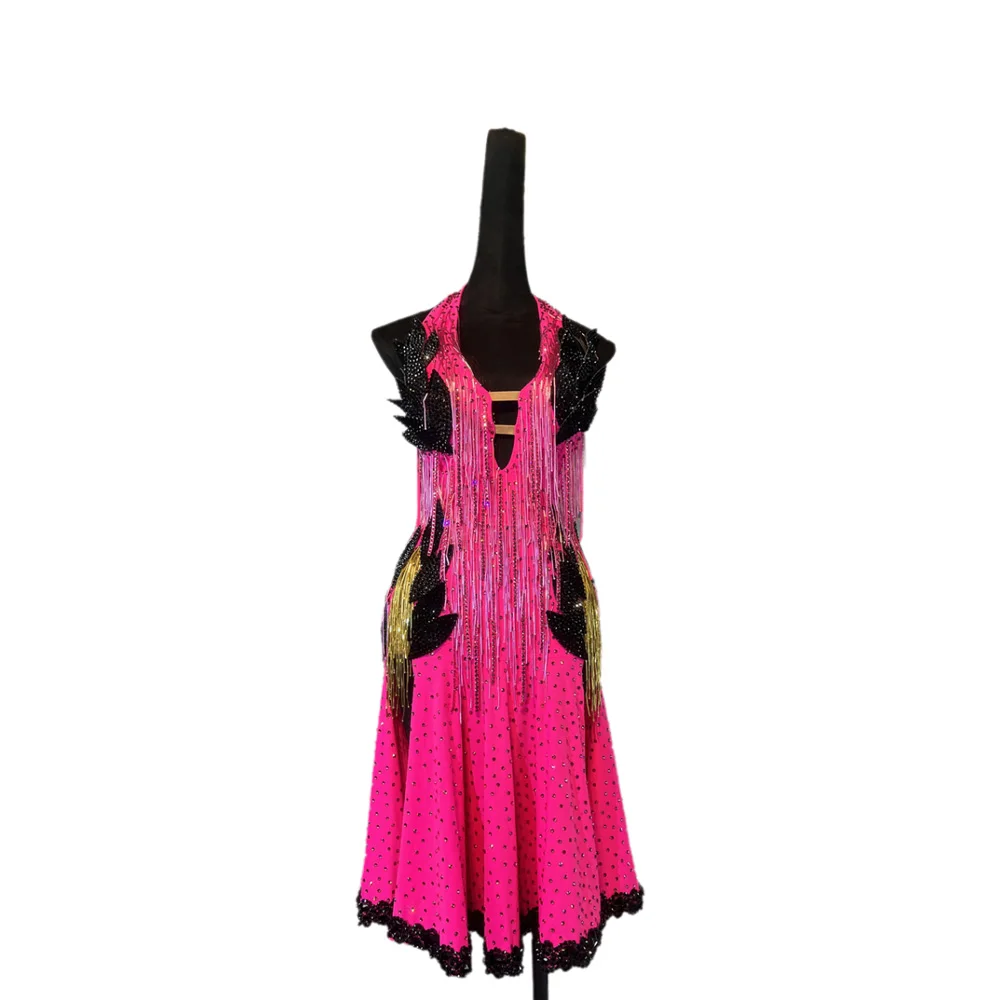 

Latin Dancer Adult Children High-End Customized Rose Red Bead Tube Tango Samba AB Stone Performance Dress