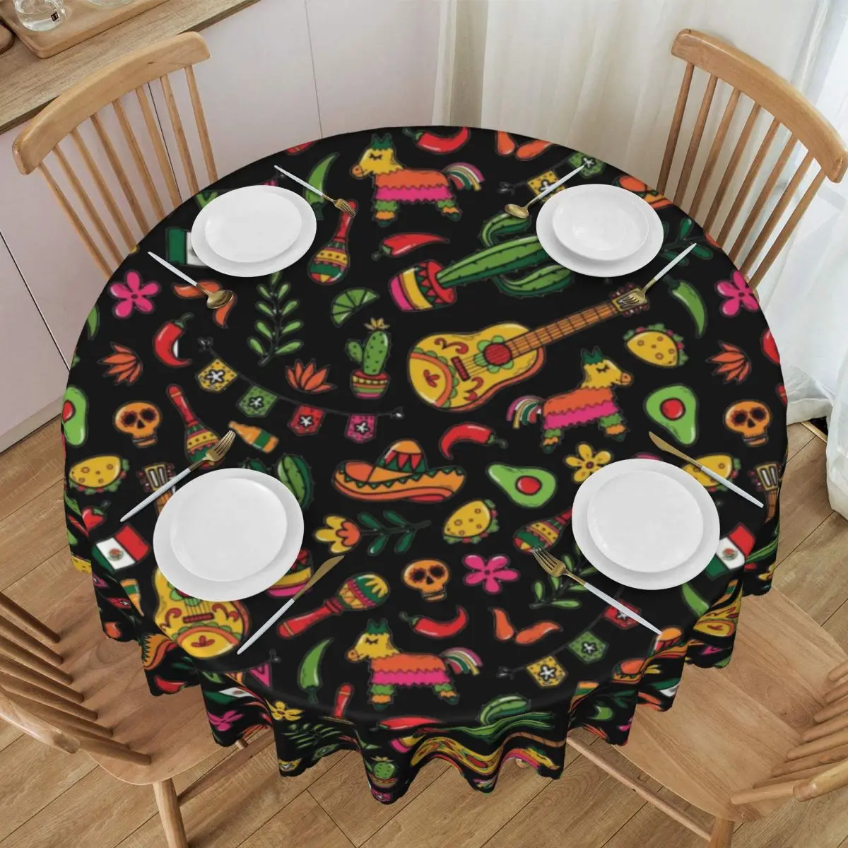 Customized Round Traditional Mexican Day Tablecloth Waterproof Oil-Proof Table Cover 60 inch Table Cloth