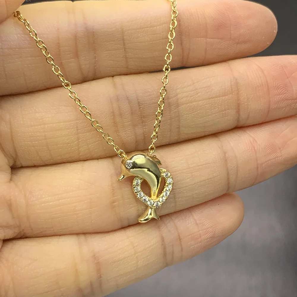 Kawaii Dolphin Necklace for Women Cute Pendant Gold Color Heart Cubic Zirconia Choker Chains on Neck Fashion Jewelry Gifts N148