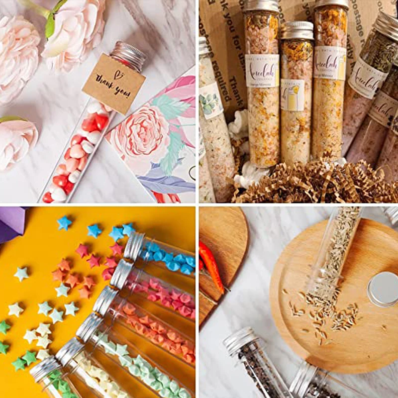 

30Pcs 50/65/110ml Clear Plastic Test Tubes Bottle w/ Aluminum Screw Caps For Candy Spices Dried Flowers Party Favors Containers