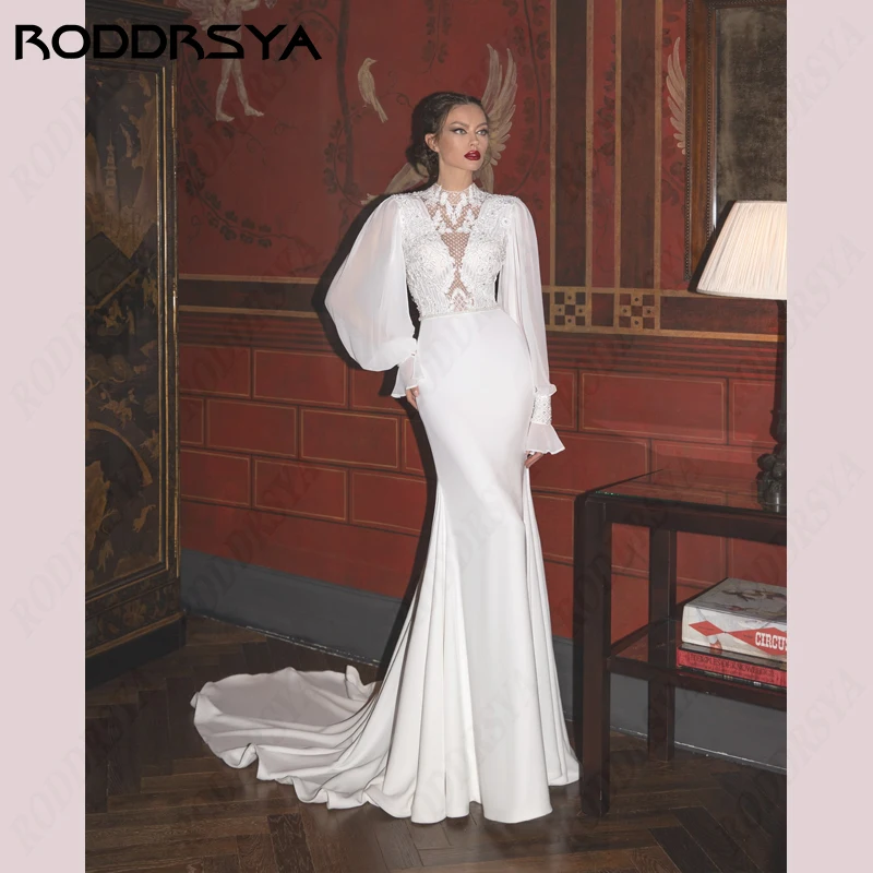 RODDRSYA Mermaid Wedding Dress Illusion Backless Button Vestido De Novia Boho Lace Appliques Bridal Party Long Sleeve Soft Satin