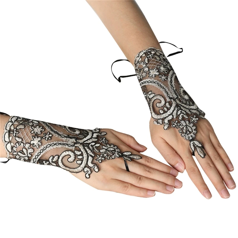 28TF Wedding Party Embroidery Lace Bracelet Medieval Finger Anti-slip Glove for Woman