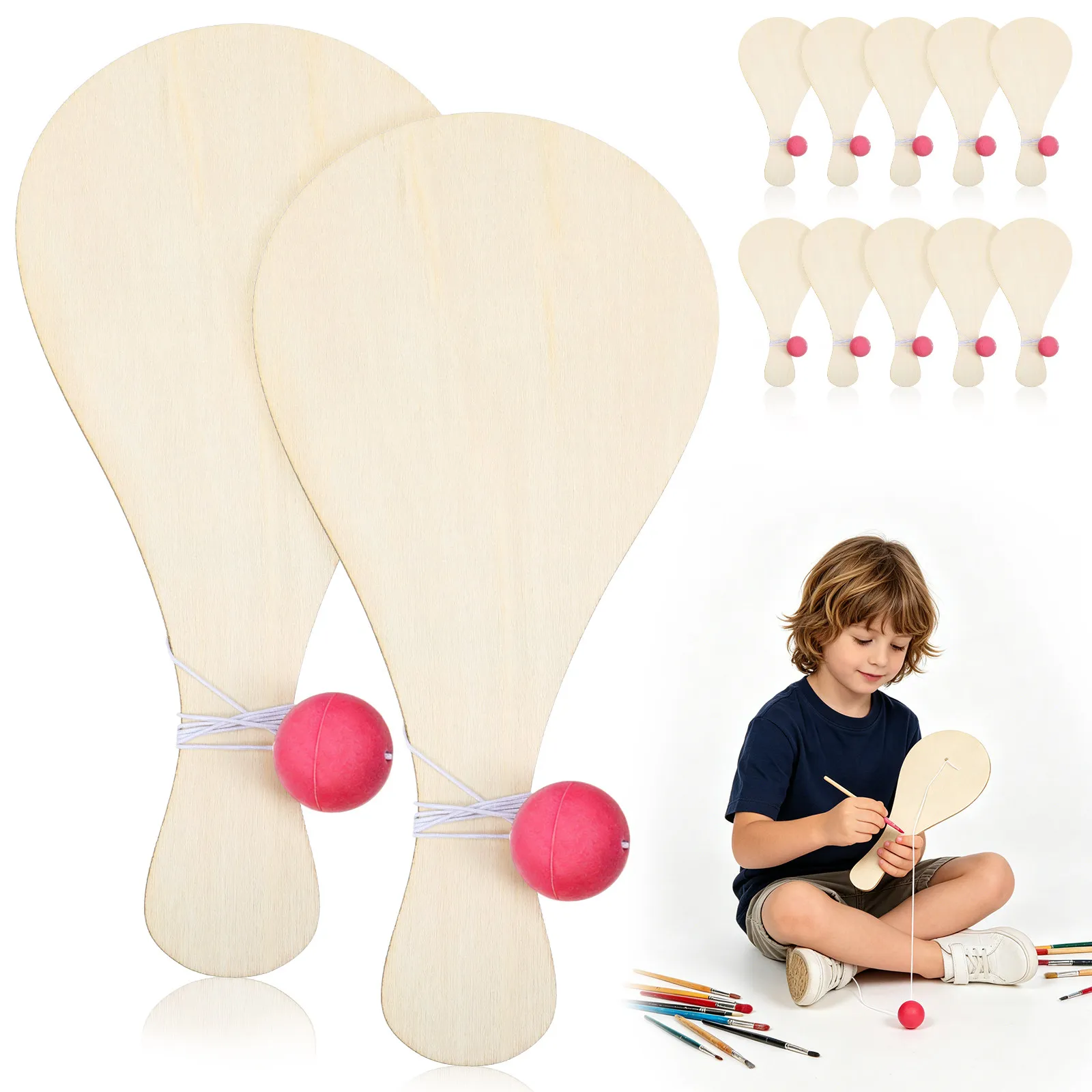 

10Pcs Wooden Paddle Ball Set Unfinished DIY Coloring Craft for Kids Family Parties Beach Holiday Activities Paintable Graffiti