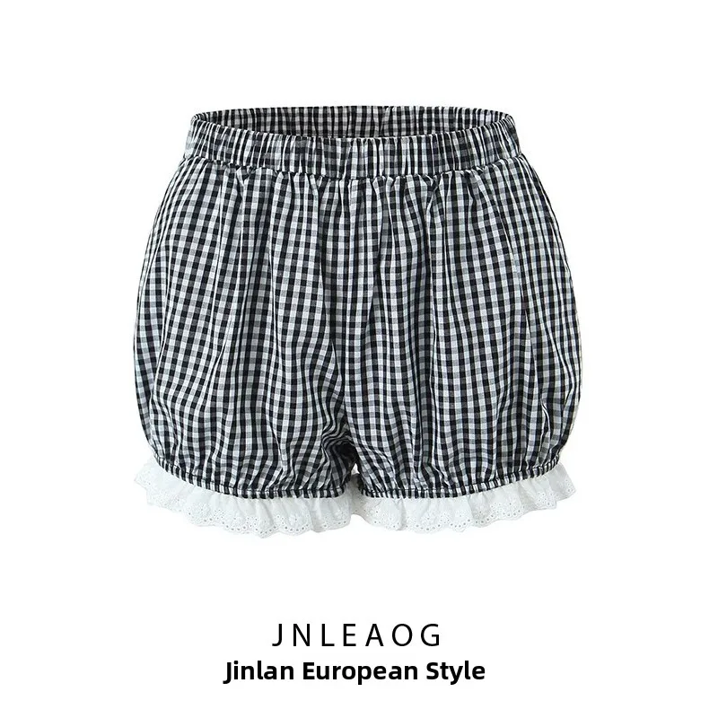 Celana Wanita Motif Kotak-kotak dengan Renda di Pinggang, Model Baru Musim Semi, Kasual, Pinggang Sedang, Bahan Poliester, untuk Musim Panas