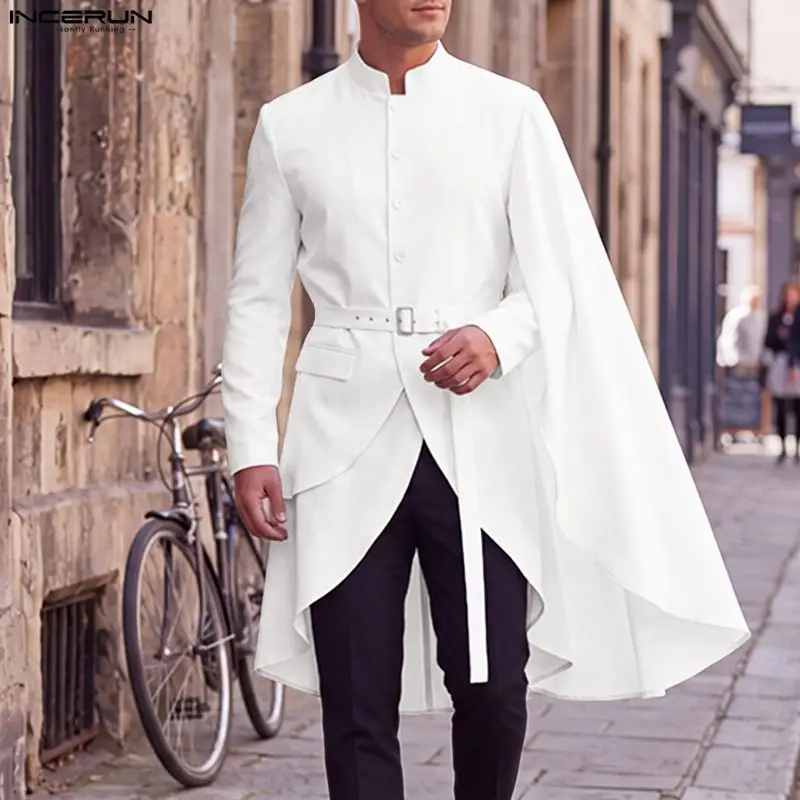 Men's Blazer Solid Ruffle Stand Collar Long Sleeve Male Irregular Suits Spring Autumn Fashion Long Style Blazer For Man INCERUN