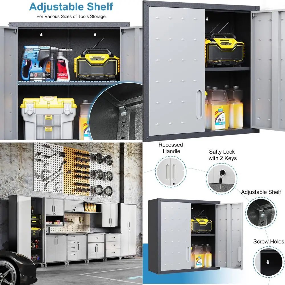 

Wall-Mounted Lockable Steel Storage Cabinet with 2 Doors and Adjustable Shelves for Garage, Warehouse, Kitchen, Laundry