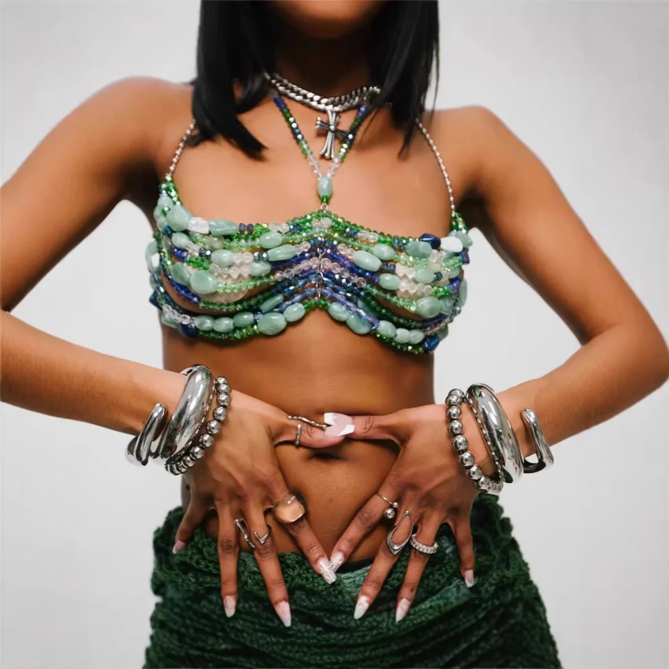 

2026 New Women's Necklace Beaded Vest Hollow Out Top Blue-Green Chest Chain Jewelry Exaggerated Pearl Bra Fashion Club Carnival