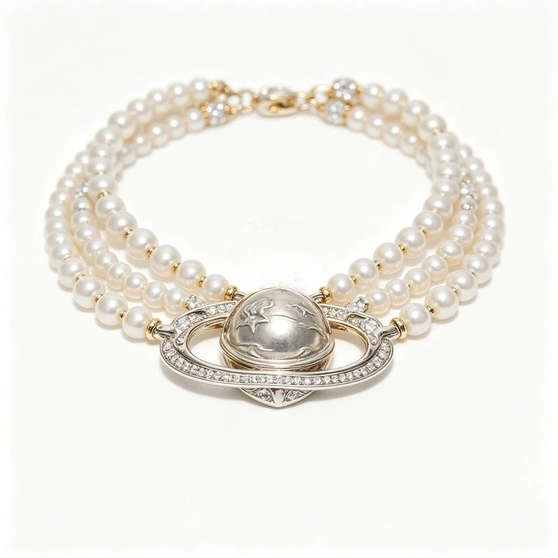 Three Row Pearl Saturn Orb Choker Platinum Plated Brass Crystal Necklace for Women Wedding Party - view 2