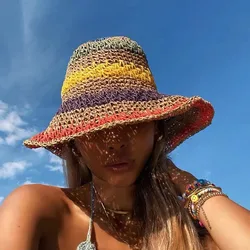 Sombrero de paja de rafia con arco iris para mujer, sombrero de ala ancha, flexible, para playa, Panamá, 100%