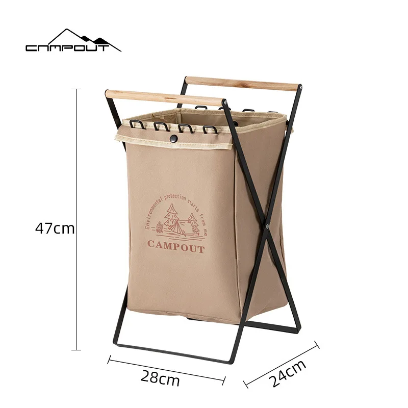 Outdoor Folding Garbage Rack Portable Wooden Handle Garbage Bag Picnic BBQ Oxford Cloth Bag Holder