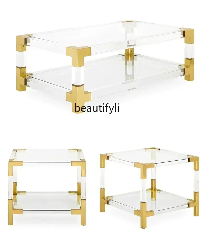

12Light Luxury Modern Simple Acrylic Transparent Tempered Glass Rectangular Double-Layer Coffee Table Side Table