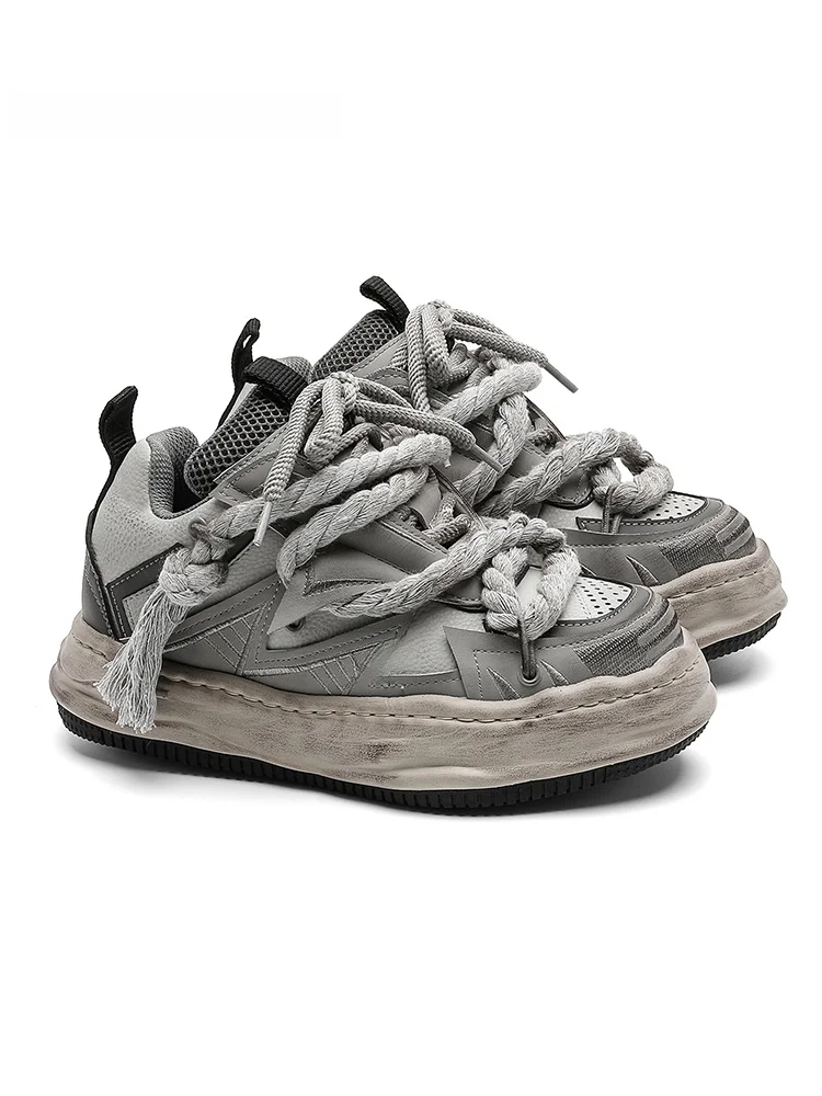 AUBGCHKC Vintage Grey Bread Shoes Unisex Invisible Heightening 7CM Sporty Thick Bottom Board Shoes Casual Mesh Lined Sneakers