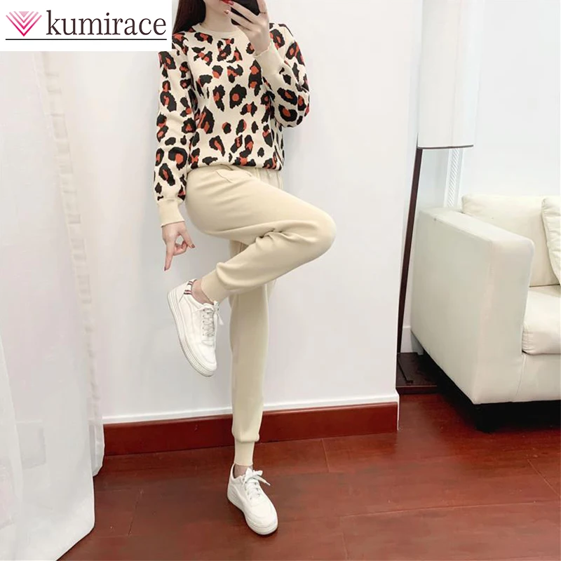 

2022 Spring and Autumn New Temperament Set Korean Casual Leopard Knit Two-piece Women's Sports Pants Set Matching Set Women