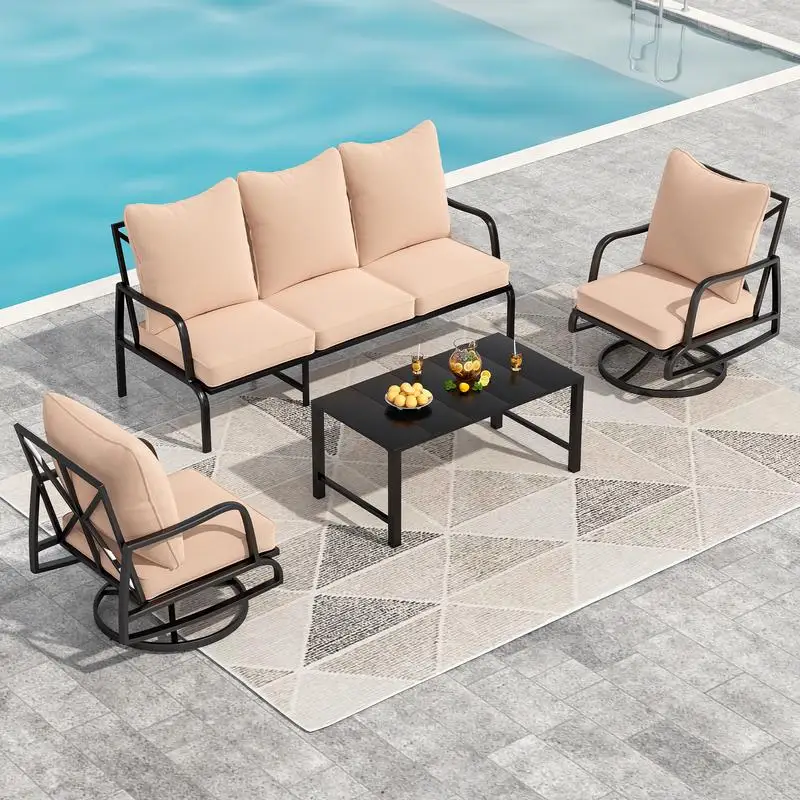 

4-Piece Outdoor Patio Furniture Set, Including 2 Swivel Chairs, 3-Seat Sofa, and Coffee Table, Perfect for Porch, Balcony, and