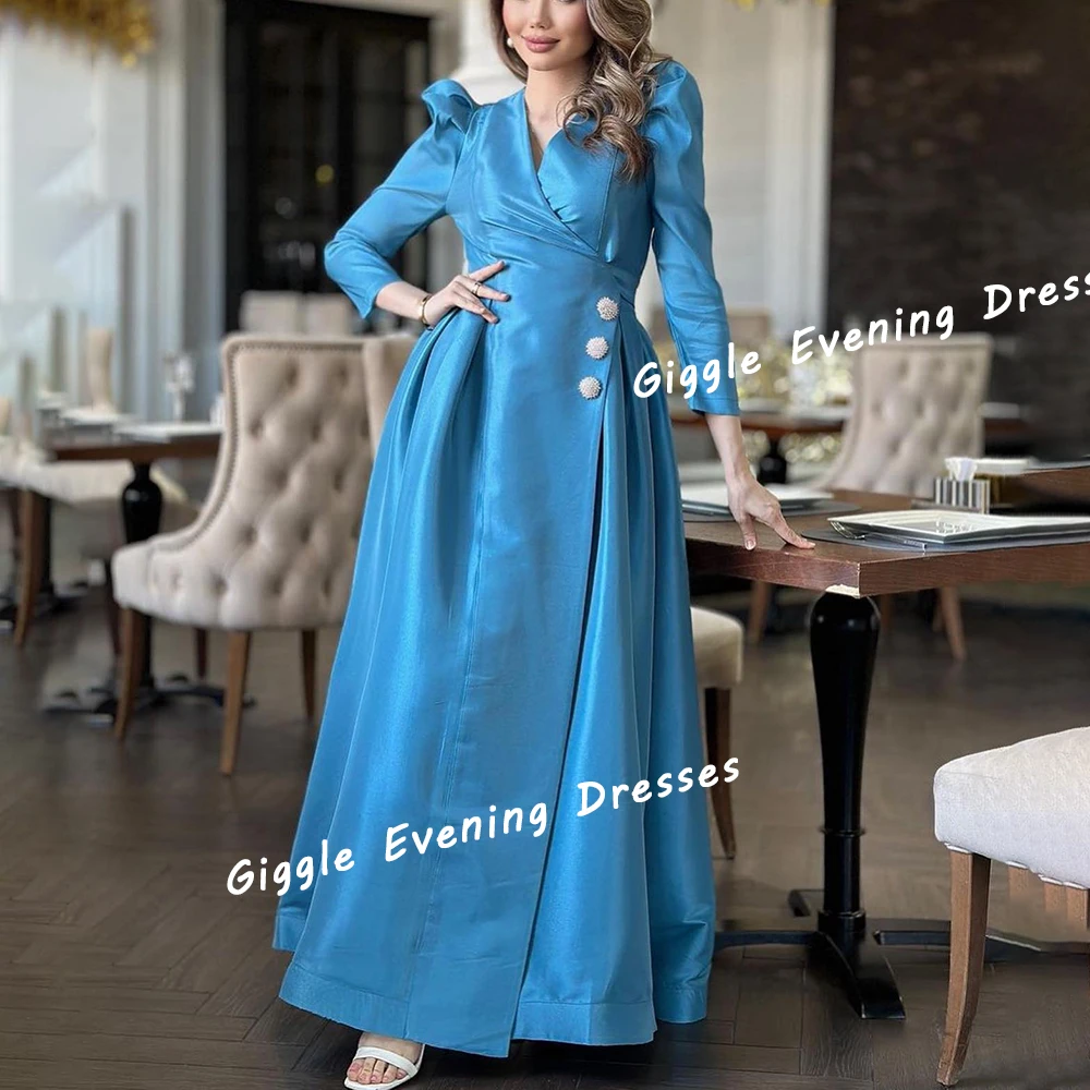 Giggle Satin V-Neck Button Beaded Elegance Prom Gown Saudi Arab Summer Fashion Floor-Length Evening Party Dresses for Women 2024