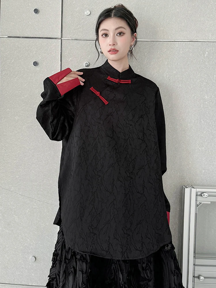 [EAM] Women Black Jacquard Color-block Big Size Blouse New Stand Collar Long Sleeve Shirt Fashion Spring Autumn 2024 1DH5155