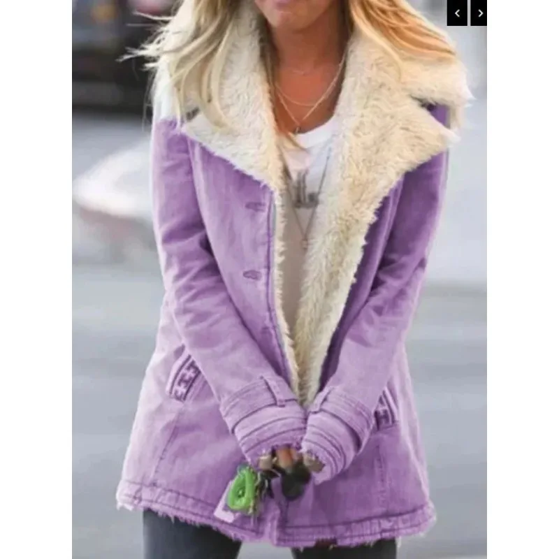 Women Autumn Winter Solid Color Plush Lapel Coat Jacket Fashion Casual Parka Jacket
