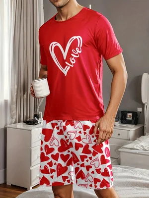 

Мужской пижамный комплект с принтами в виде сердечек, удобная летняя одежда.