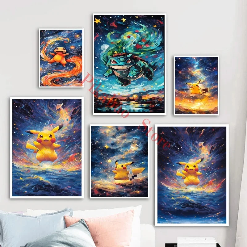 Van Gogh Starry Sky Pokemon Anime Figures Pikachu Watercolor Painting Canvas Posters and Prints Wall Art Picture for Living Room