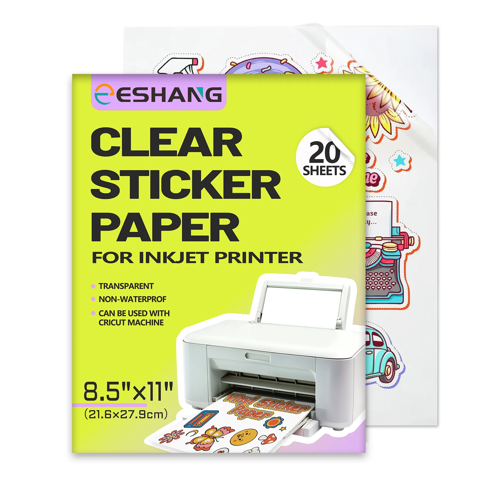 ESHANG 8.5x11 Inch 20 Sheets Clear Sticker Paper for Inkjet Printer Non-Waterproof Clear Printable Vinyl Sticker Paper