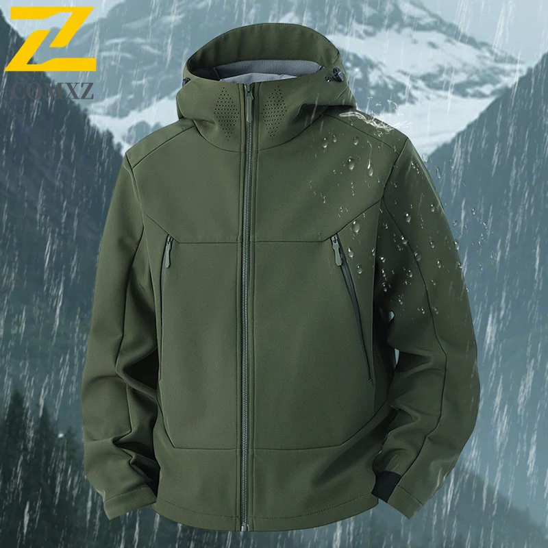 

2025 Men Charge Jacket Soft Shell Outdoor Windproof Waterproof Wear Resistant Breathable Hooded Jacket Leisure Camp Hiking Coat