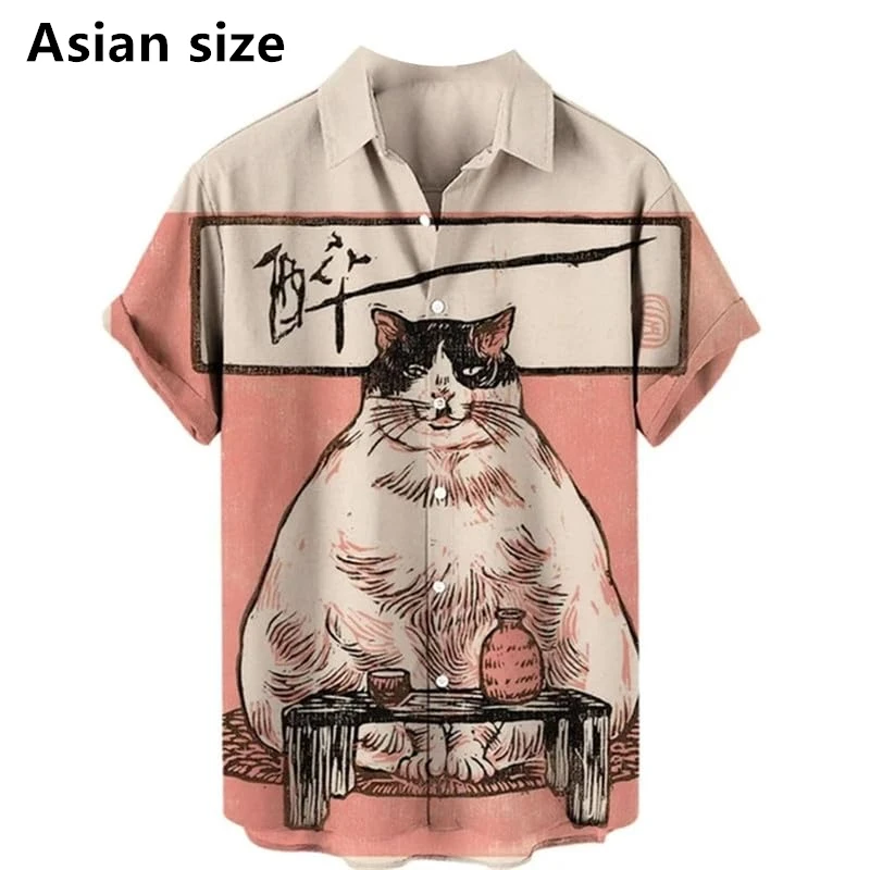 Camicia da uomo con motivo gatto in stile giapponese Cartoon Anime Cat Manica corta Camicie abbottonate Camicia hawaiana da spiaggia per feste Top alla moda