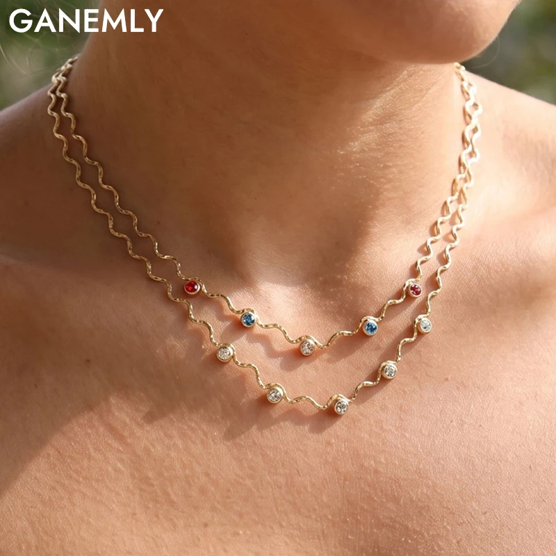 GANEMLY 316L Stainless Steel Wave Chain Necklace Delicate Cubic Zirconia Collar Necklace Trendy Jewelry Bijoux Femme Party