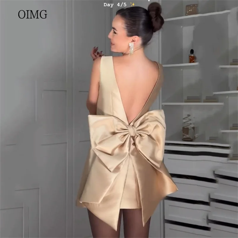 

OIMG Mini Bow Back A Line Prom Gowns Satin Square Neck Formal Party Gown Birthday Evening Dress vestidos de gala Customized