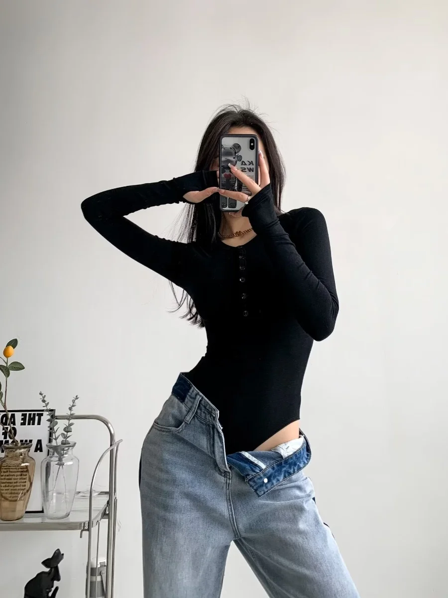 Sexy Long Sve Slim Fit e Bodysuit T-Shirt Damen Innenbekleidung Hohe Taille Baumwolle Street Sle Base Layer irt