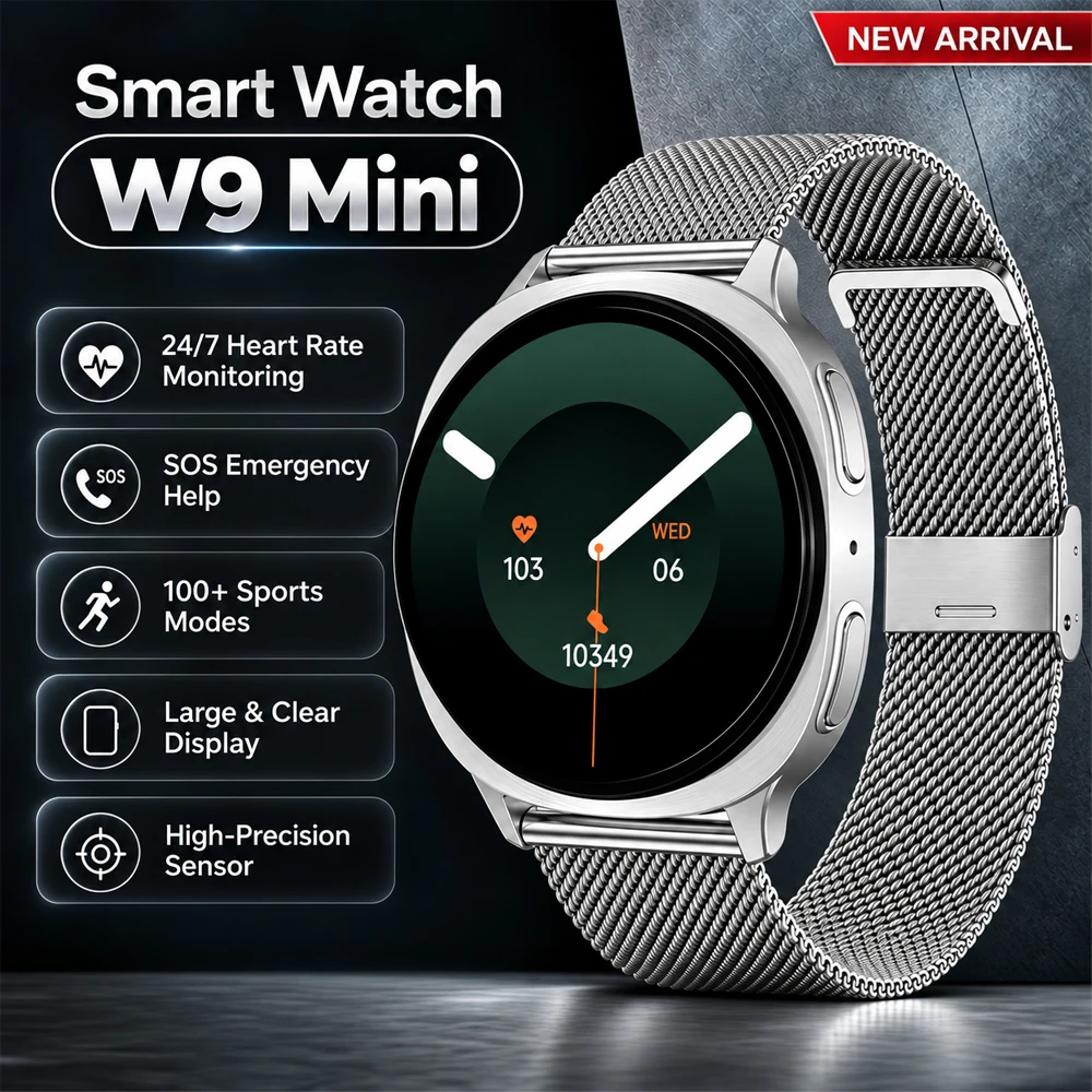 2026 New W9 Mini Smart Watch 24/7 Heart Rate Monitoring SOS Emergency Help 100+ Sports Modes Large Clear Display Fitness Tracker