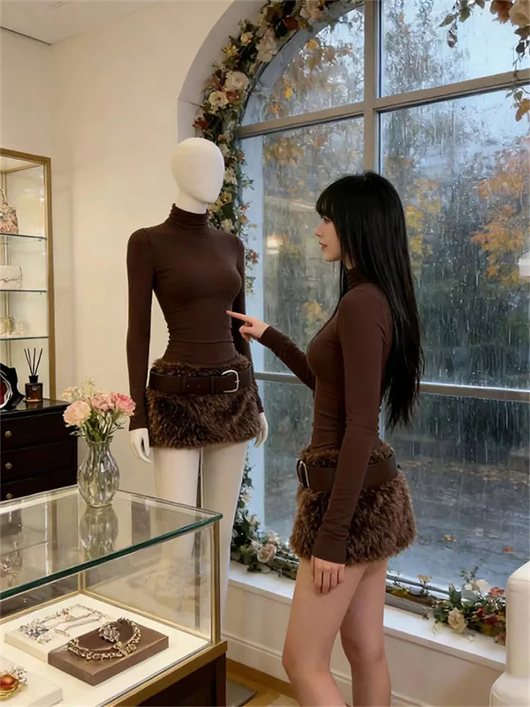 

Fashionable High Neck Pure Desire Women's Set Beautiful Two Piece Spring New Style Absolutely Beautiful Skirt Ensemble