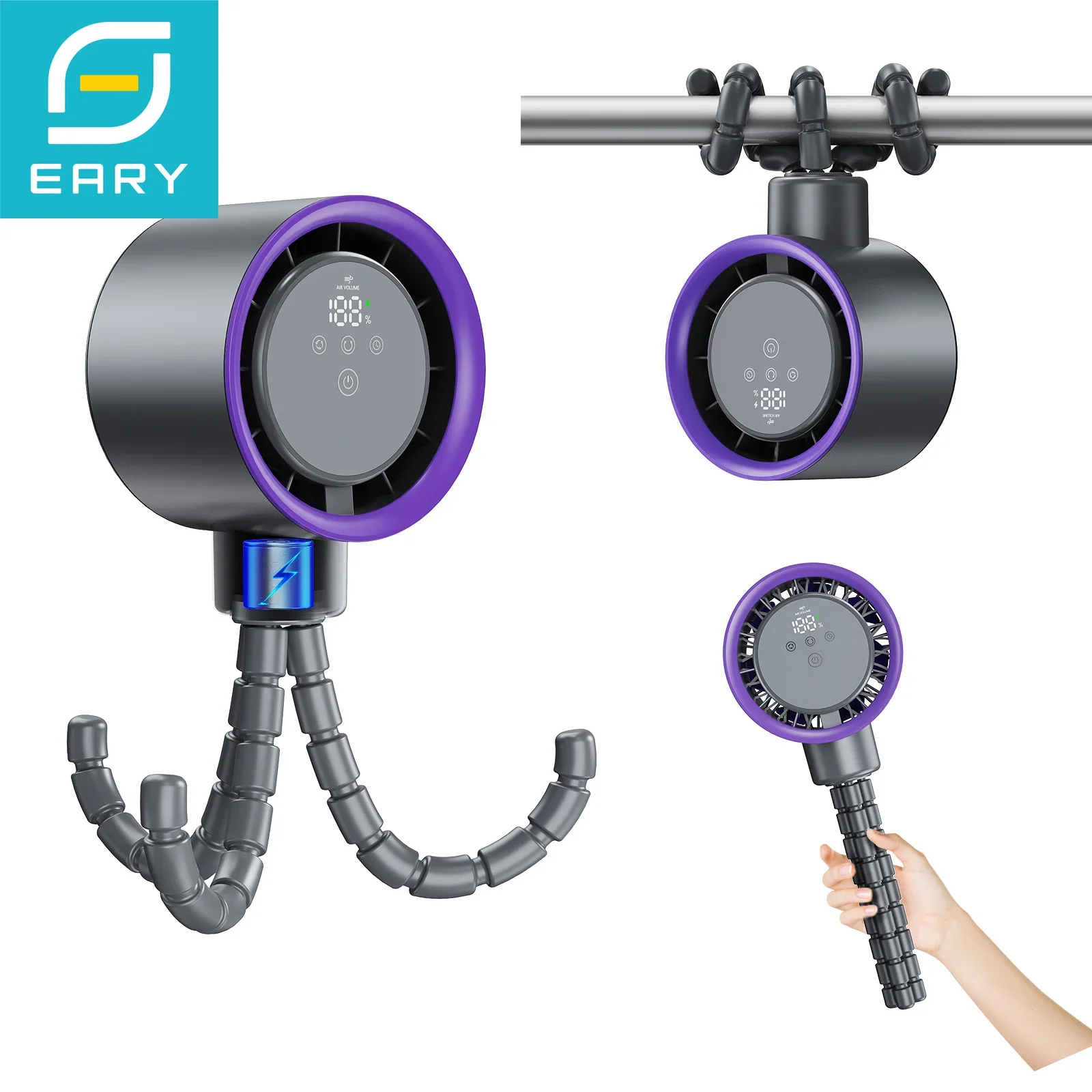 

Eary Portable Desk Octopus Fan With 4000mAh Battery 100 Speeds Wind Digital Display Stroller Fan Personal Summer Air Cooling Fan