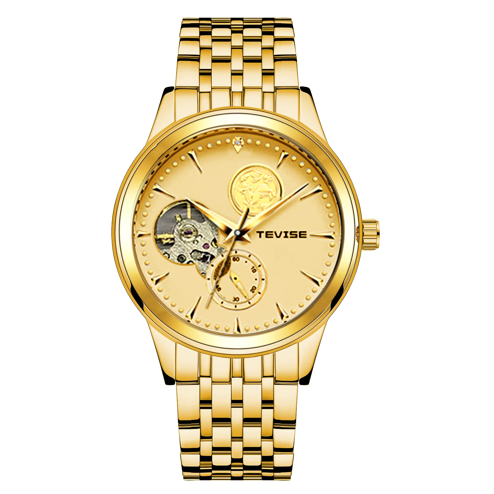 tevise-腕時計男性用ゴールデンカラーファッション高級腕時計スケルトン自動機械式時計防水ステンレス鋼