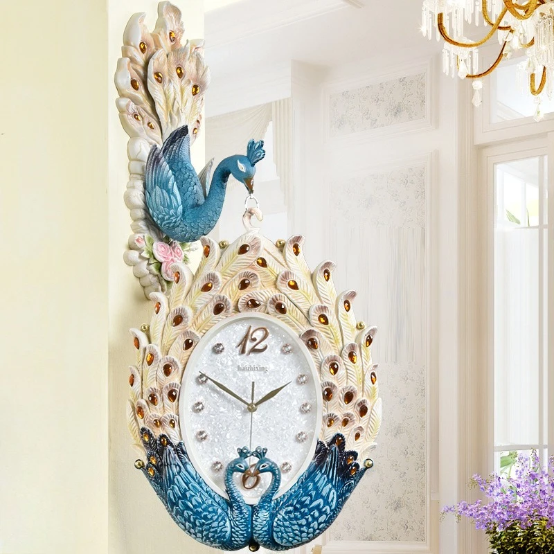 

European retro living room wall clock peacock decorative hanging large silent watch