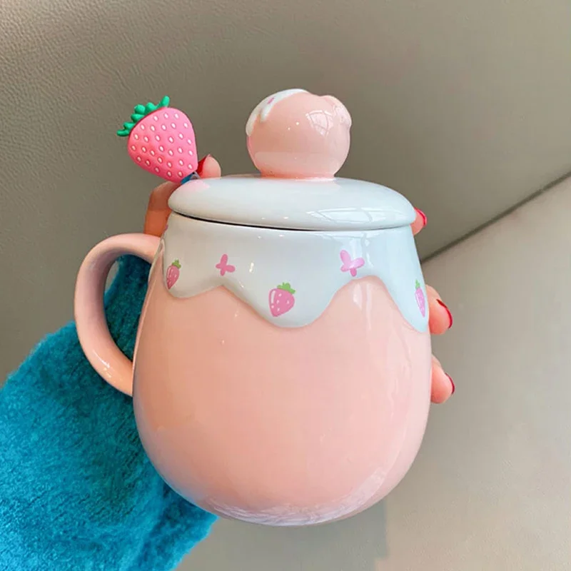 Pig Mug Ceramic Strawberry Cup Korean Girl Cute Pink Mug with Cover Spoon High Temperature Resistant Couple Gift Cup