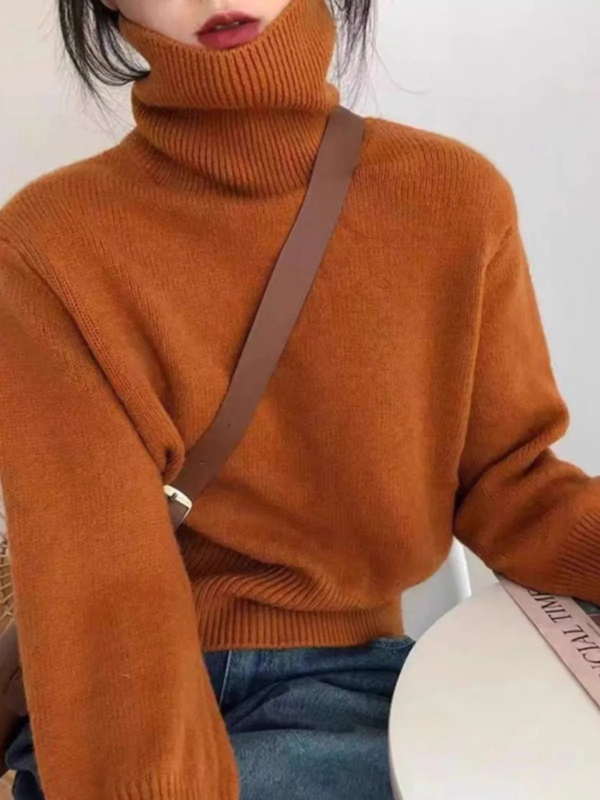 2024 autumn and winter new 100% pure cashmere sweater women\'s turtleneck sleeved thick pullover sweater wool knit base shirt