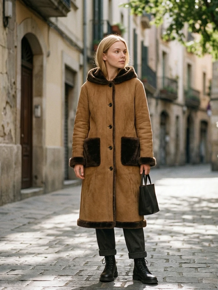 Ladies Hooded Long Warm Faux Suede Overcoat Fuzzy Lining And Furry Trim Multi Buttons Big Patch Pockets Winter Outdoor Outerwear