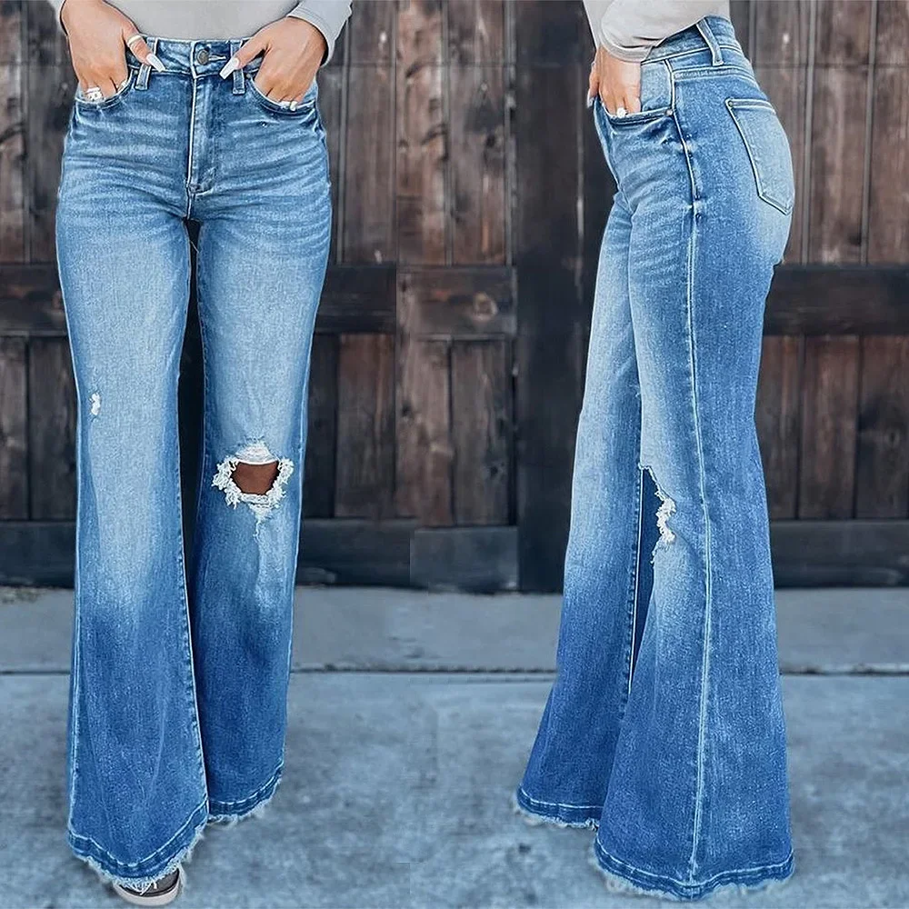 Women Jeans Denim Full Length Flare Hole Pants Loose Fit High Waist Pockets Washed Distressed Jean Solid Office Lady Autumn