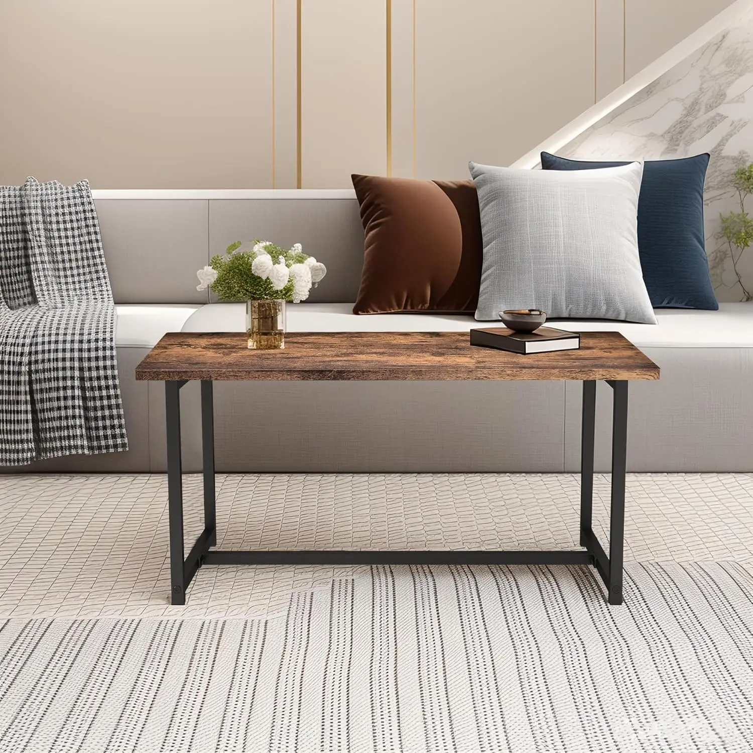 

35.4inch Rectangular Coffee Table for Living Room, Modern Industrial Style Coffee Table Center Table with Metal Frame