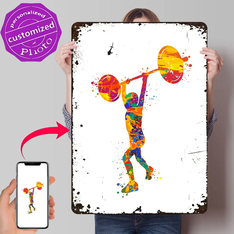 Watercolor Weightlifter Personalized 3D Textured Metal Poster Wall Art Vintage Tin Signs for Room Ornaments Article Decoration
